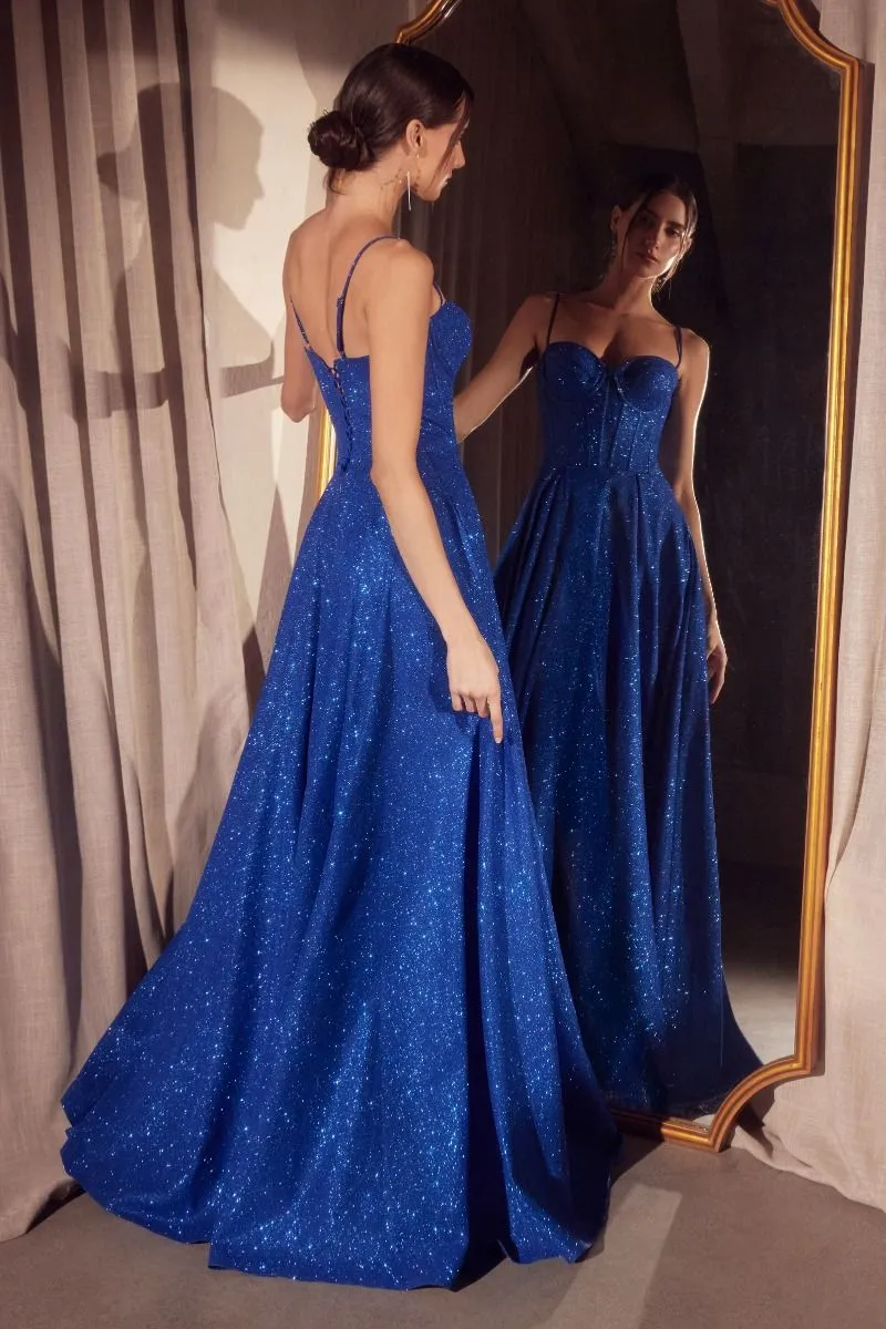 CD T706 - Shimmering Glitter A-Line Prom Gown with Structured Sweetheart Bodice & Lace Up Corset Back