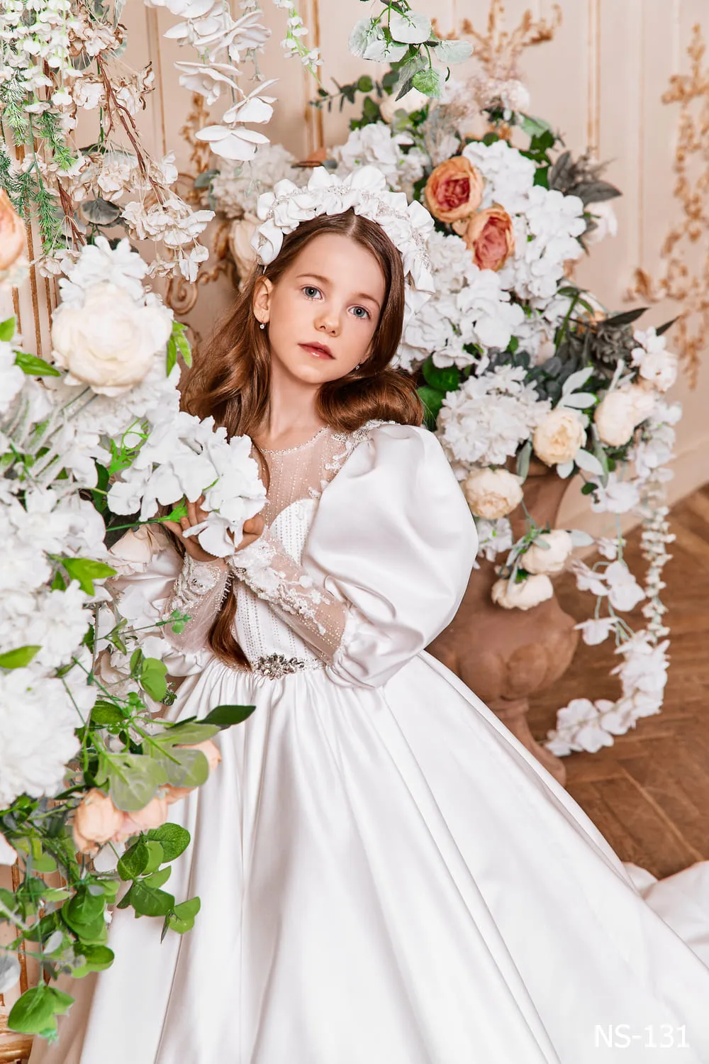 Satin Communion Dress with Bishop Sleeves